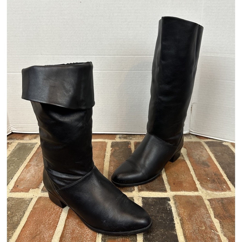 Vintage Mister Shoes Black Leather Boots Mid Calf Pirate Slouch Fold Women 7.5